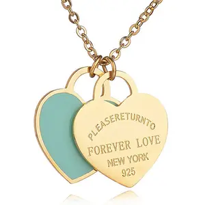 G325 Love Double Heart Enamel Lady FOREVER LOVE Letter Stainless Steel Jewelry Women Necklace