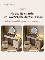 Ensemble de coiffeuse moderne crème et noyer avec miroir LED, bureau de maquillage avec commode à 3 tiroirs et chaise à pattes, meuble de rangement arrondi pour chambre à coucher