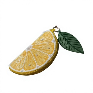 Porte-monnaie mignon en forme de tranche de citron pour femme, mini pochette brodée en velours côtelé avec fermeture éclair, porte-clés fruit, portefeuille - Product Image 1