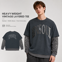 T-shirt à manches longues épais et superposés pour hommes, personnalisé par les fabricants, avec broderie de patchs et lavage à l'acide, col ras du cou gaufré