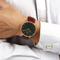 Montre-bracelet tendance de 36 mm de diamètre, quartz, boîtier en acier inoxydable 316L et bracelet en cuir de vache, résistante à l'eau 3BAR, PORSAMO BLEU U2750G