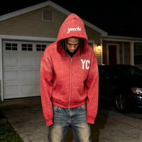 Sweat à capuche zippé surdimensionné pour homme, personnalisé, en coton, avec motifs graphiques, effet vieilli, délavé à l'acide et strass, par un fabricant et designer