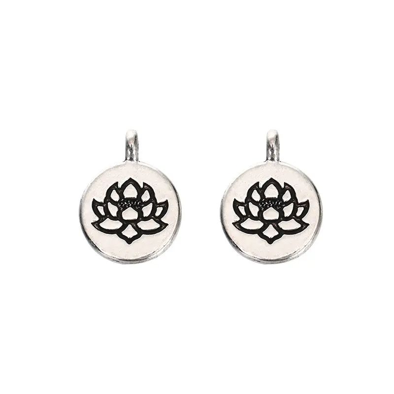 custom oem odm daily zinc alloy Antique Silver Plated Vintage Round Buddhism Religious Lotus Carving Pattern Pendant charms diy