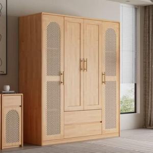 Armoire en bois massif de chêne clair de qualité supérieure à 2 portes avec 2 tiroirs, organisateur de chambre moderne minimaliste multifonctionnel - Product Image 6