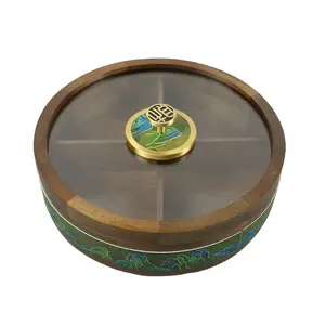 Cultura cinese di lusso in legno rotondo scatola di cibo rotante in legno di acacia cibo secco scatola rotonda con 4 separazioni
