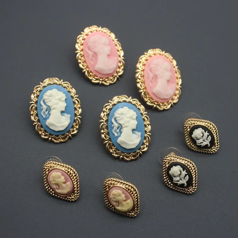24k Gold Plated Vintage Look Rose Pink Crystal Cameo Post Earrings w/ Box 