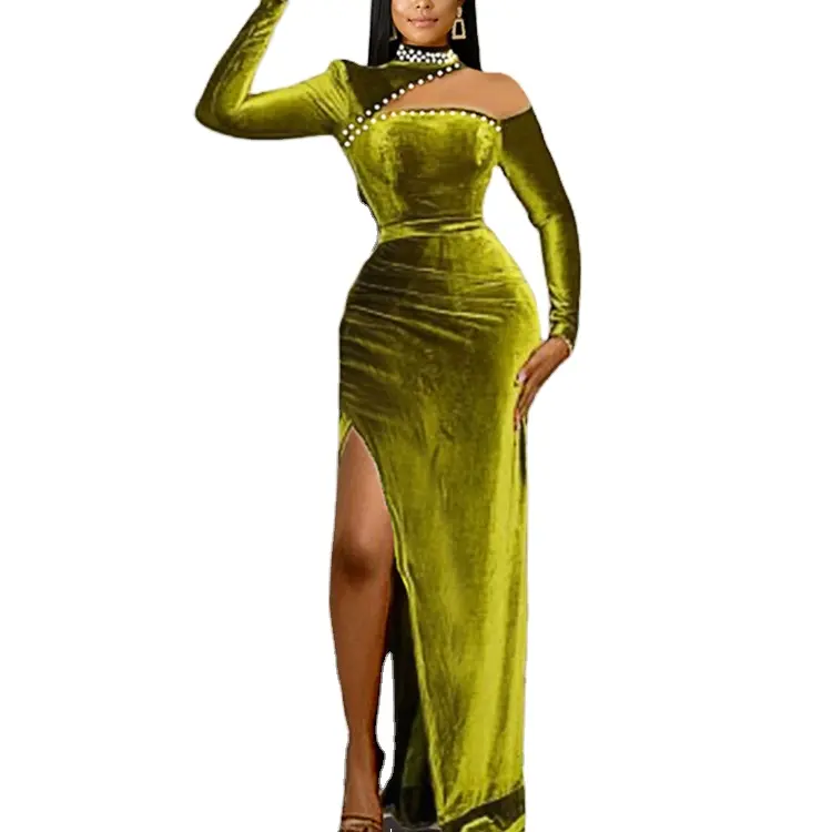 Kadın lüks giyim 2021 resmi rahat elbiseler kadife yeşil Cut Out boncuklu uzun akşam elbise