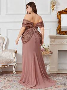 Vestido de Noche Formal <span class=keywords><strong>Maxi</strong></span> de Gasa con Hombros Descubiertos, Manga Corta, Espalda Descubierta, Lentejuelas, Patchwork, Cintura Fruncida y Cola Larga - Product Image 3