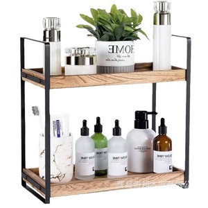 Estante de almacenamiento de doble capa de madera y hierro, tipo rectangular, para baño, cocina, organizador de cosméticos - Product Image 2