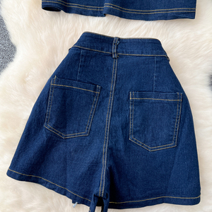 Nuevo otoño Color sólido Stitch Pockets Jeans Camisa Falda Conjunto Conjuntos de mezclilla para <span class=keywords><strong>mujer</strong></span> - Product Image 4