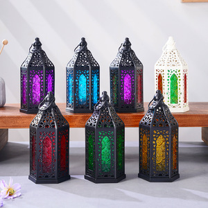 Lanterne hexagonale marocaine <span class=keywords><strong>en</strong></span> métal avec panneaux <span class=keywords><strong>en</strong></span> <span class=keywords><strong>verre</strong></span> teinté, lanterne suspendue <span class=keywords><strong>en</strong></span> fer pour bougies, idéale pour le Ramadan, les mariages et la décoration de table à la maison - Product Image 6