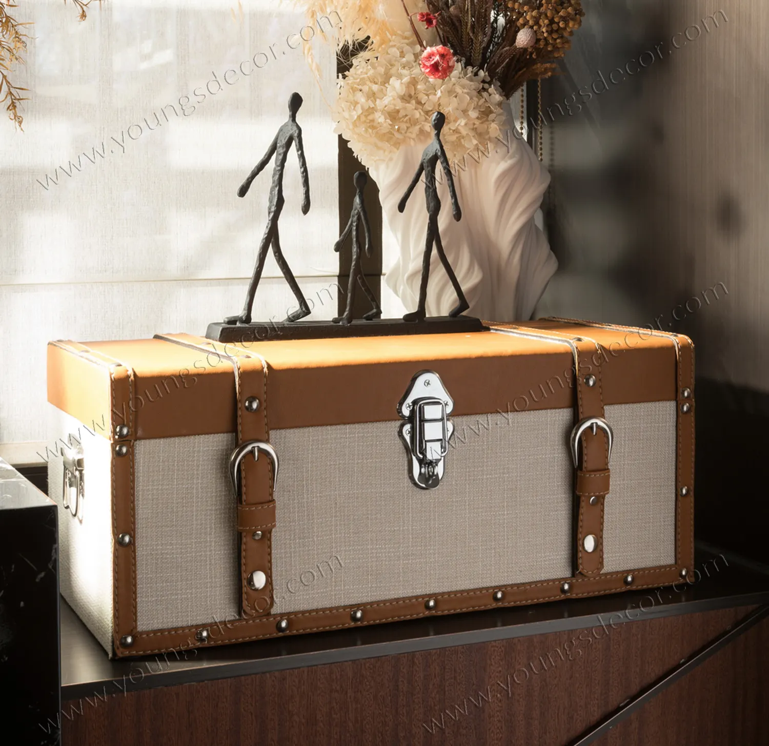 Caixas e caixas de madeira para armazenamento de malas e caixotes com cintos decorativos de couro, retângulo europeu multifuncional moderno feito à mão