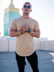 Entrenamiento de alta calidad Muscle Fit Long Line Tops Logotipo personalizado Camisetas en blanco 95% Algodón 5% Spandex Dobladillo curvo Camisetas para hombres - Product Image 6