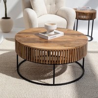 Salon contemporain en bois massif chambre à coucher création à la main finition unique table basse ronde avec base en métal noir