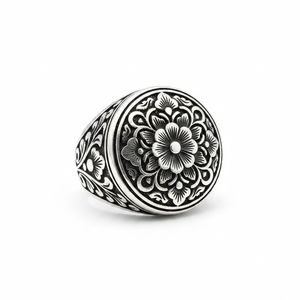 925K Sterling Silver Art Design Carved Turkish <b>Men</b> Round <b>Ring</b> Handmade - Product Image 2