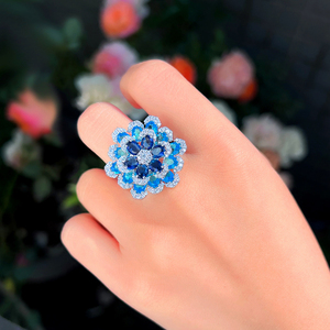 Đồ trang sức sang trọng màu xanh Cubic zirconia đá có thể điều chỉnh kích thước mở lớn Flower <span class=keywords><strong>Ring</strong></span> cho phụ nữ Wedding Bridal Đảng DRESS phụ kiện - Product Image 3