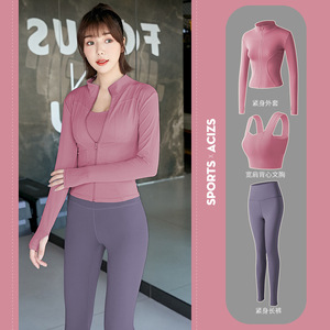 סתיו חורף אישה חמוד ארוך שרוול Tracksuits Slim Fit לרכוס מעיל למעלה + יוגה מכנסיים ריצה חליפות 3 חתיכה סט - Product Image 3