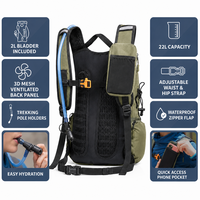 Sac à dos d'hydratation avec poche à eau de 2 L, sac à dos de randonnée de 22 L, porte-bâtons de trekking, panneau dorsal ventilé, ceinture de taille pour femmes