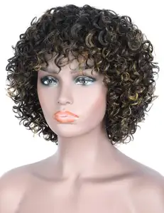 Kbeth atacado curto preto marrom destaques cor profunda pequena encaracolada 100% real cabelo humano peruca cheio com franja de cabelo