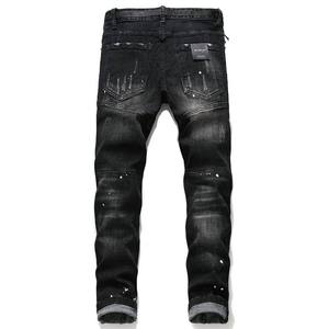 Pantalones <span class=keywords><strong>Vaqueros</strong></span> Vintage Ligeros <span class=keywords><strong>con</strong></span> Estampado Ligero Lavado a la Piedra, Diseño de Salpicaduras de <span class=keywords><strong>Pintura</strong></span>, Elásticos, <span class=keywords><strong>con</strong></span> Agujeros <span class=keywords><strong>Rotos</strong></span>, Corte Recto para Otoño/Invierno - Product Image 5