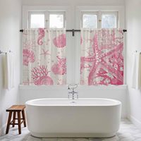 Rideaux de cuisine 2 panneaux motif étoile de mer rose, décoration de fenêtre thème nautique plage coquillage, draperies courtes pour salle de bain et camping-car