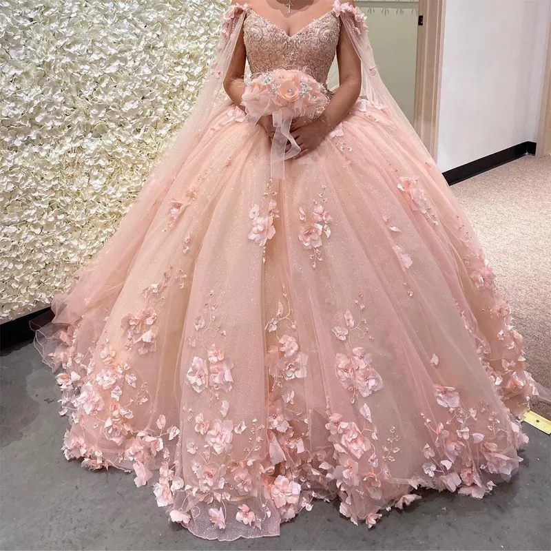 QD1573 Romantic Blush 3d Flowers Ball Gown Quinceanera Prom Dresses with Cape Wrap Caftan Beaded Lace Long Sweet 16 Dress