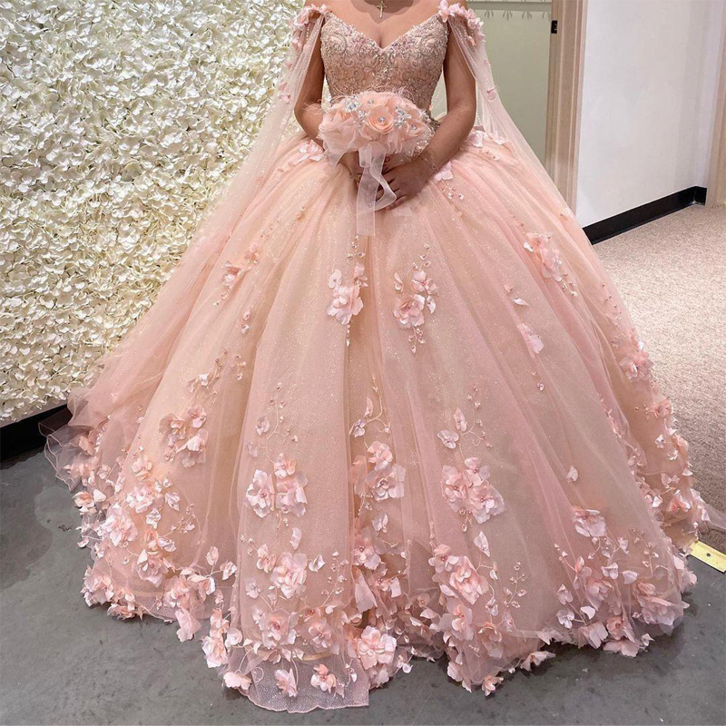 QD1573 Romantic Blush 3D Flowers Ball Gown for Quinceanera