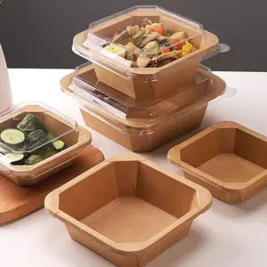 Suministro del fabricante 750/1000ml Contenedor de ensalada de grado alimenticio reciclado desechable caja de papel Kraft embalaje tazón de comida