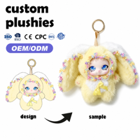 Porte-clés poupée en peluche OEM avec visage en vinyle et oreilles tombantes, couleur personnalisée, nœud en dentelle, logo brodé, échantillon, vente en gros, accessoire de jouet