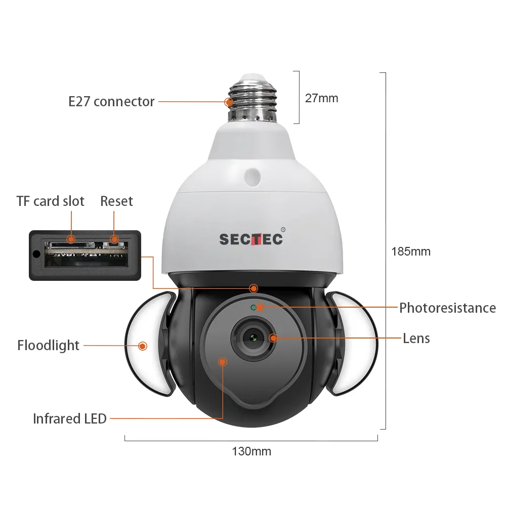 Sectec Full Color Night Vision 5MP CCTV Smart Home Floodlight Camera Security Cam PTZ WiFi Light Bulb Camera