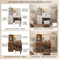 Ensemble de coiffeuse moderne en bois blanc avec miroir sur pied et tabouret, table de maquillage à 3 tiroirs pour chambre/salon, mobilier de maison - Vente en gros
