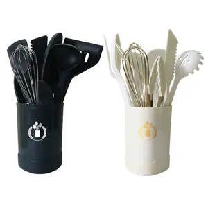 Ensemble d'outils de cuisine en Silicone avec spatule, écumoire, manche en bois, blanc, accessoires de cuisine, ustensiles de cuisine avec support, 13 pièces, nouveau