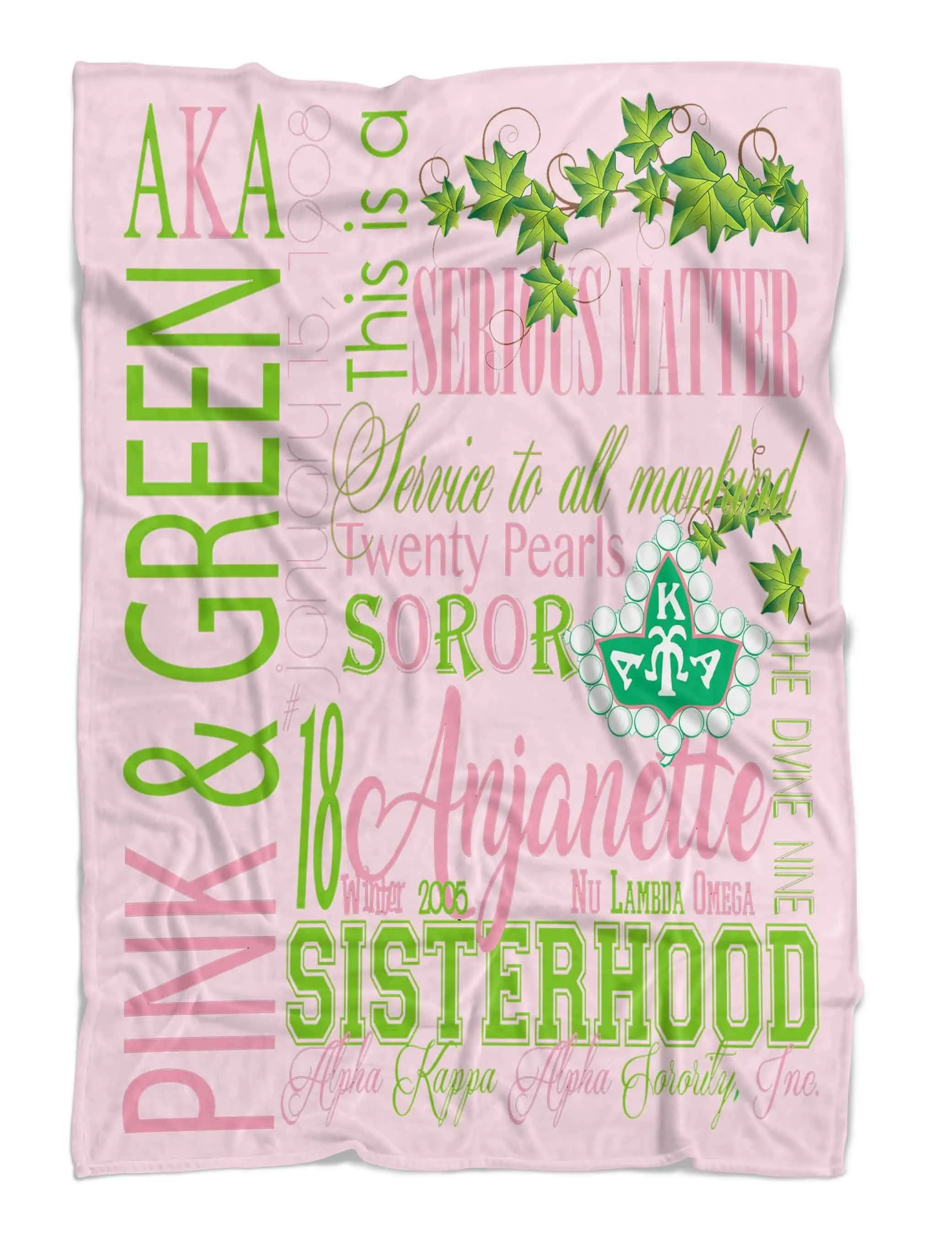 Custom Probate Gift 20 pearls IVY Sofa Cover AK Pink and Green Fleece Sisterhood Ruth Pretty Girl Gift Plush Blanket