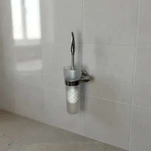 Dispensador de jabón montado en la pared Pom dOr Barcelona Vidrio de cristal esmerilado y latón cromado, diseño de baño minimalista elegante - Product Image 1