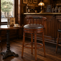 Tabouret de bar de style européen de luxe, dossier en bois massif, chaise de bar en cuir véritable, tabouret de bar en bois massif, chaise de bar pivotante haute