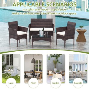 Sillones para todo tipo de clima con mesa de centro de vidrio y cojines gruesos, juego de 4 piezas de mimbre de ratán para patio y jardín al aire libre - Product Image 6