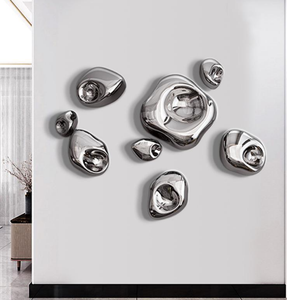 Ensemble d'art mural en acier inoxydable poli fait main, effet galet <span class=keywords><strong>miroir</strong></span>, décoration murale contemporaine réfléchissante pour la maison - Product Image 4