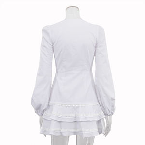 2025 abito <span class=keywords><strong>corto</strong></span> estivo <span class=keywords><strong>bianco</strong></span> Casual da donna in cotone a strati con scollo a V a sbuffo a <span class=keywords><strong>maniche</strong></span> <span class=keywords><strong>lunghe</strong></span> - Product Image 5