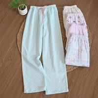 Pantalon de pyjama basique en coton respirant pour l'été/le printemps, l'automne et l'hiver, imprimé chat rose de dessin animé, coupe ample, longueur intégrale, pour la maison