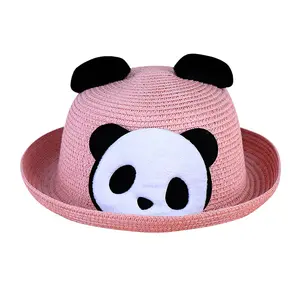 Adults Kids Cute Panda Straw Hat Children Summer Outdoor Beach Sunhat Boys Girls Cartoon Round Top Ha