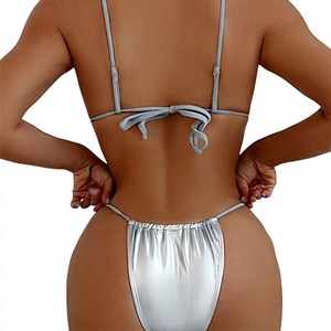 Women <b>Silver</b> Metallic <b>Bikini</b> Set 2 Piece Spandex Polyester Triangle Top Tie Side Bottom Stretch Fit Regular Chrome Style - Product Image 3