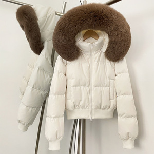 Chaqueta Corta Acolchada Blanca Personalizada para <span class=keywords><strong>Mujer</strong></span>, Chaqueta con Capucha de Piel, Chaqueta de Plumón para <span class=keywords><strong>Mujer</strong></span> - Product Image 2