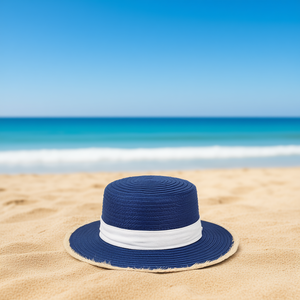 Chapeau de paille Angelina Boater réglable unisexe pour l'été, style décontracté, bleu avec bordure en ruban blanc - Product Image 2