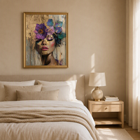 Tableau mural abstrait moderne de luxe, portrait de femme, imprimé floral doré et visage violet, 40x80cm, toile imperméable et écologique