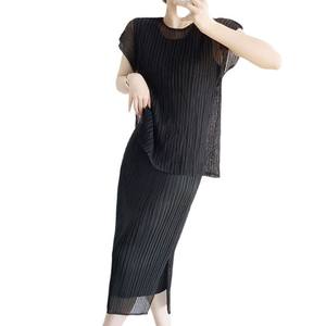 Ensemble plissé Miyake élégant en maille unie, jupe midi amincissante à manches courtes, <span class=keywords><strong>grande</strong></span> <span class=keywords><strong>taille</strong></span>, vêtements pour femmes - Product Image 5