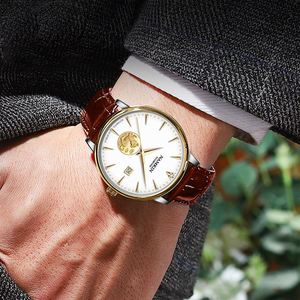 Montres mécaniques pour hommes personnalisées avec bracelet en cuir simple, en or 18 carats, motif Kirin, résistantes à l'eau, mouvement Hangzhou, cadran à aiguilles - Product Image 3