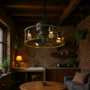 Industrial <b>LED</b> Ceiling Fan <b>Light</b> 19 In Flush Mount Caged Design 3-<b>Light</b> Rustic DC Motor Remote <b>Control</b> - Product Image 2