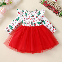 Robe d'automne longue en tulle à imprimé sapin de Noël, manches longues, écologique, lavable, longueur genou, pour les fêtes et les vacances des petites filles