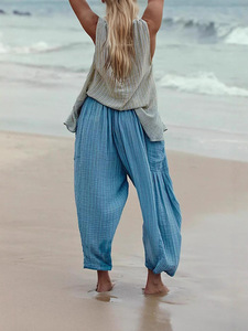 <span class=keywords><strong>Pantaloni</strong></span> a Gamba Dritta a Righe da Donna Primavera Autunno <span class=keywords><strong>con</strong></span> Vita Elastica <span class=keywords><strong>Pantaloni</strong></span> Plissettati a Tre Quarti Traspiranti Casual a Gamba Larga - Product Image 5