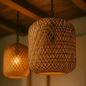 Modern Cylindrical Bamboo Pendant <b>Light</b> For Rustic <b>Dining</b> Rooms And Minimalist Open Concept Interiors From India - Product Image 4